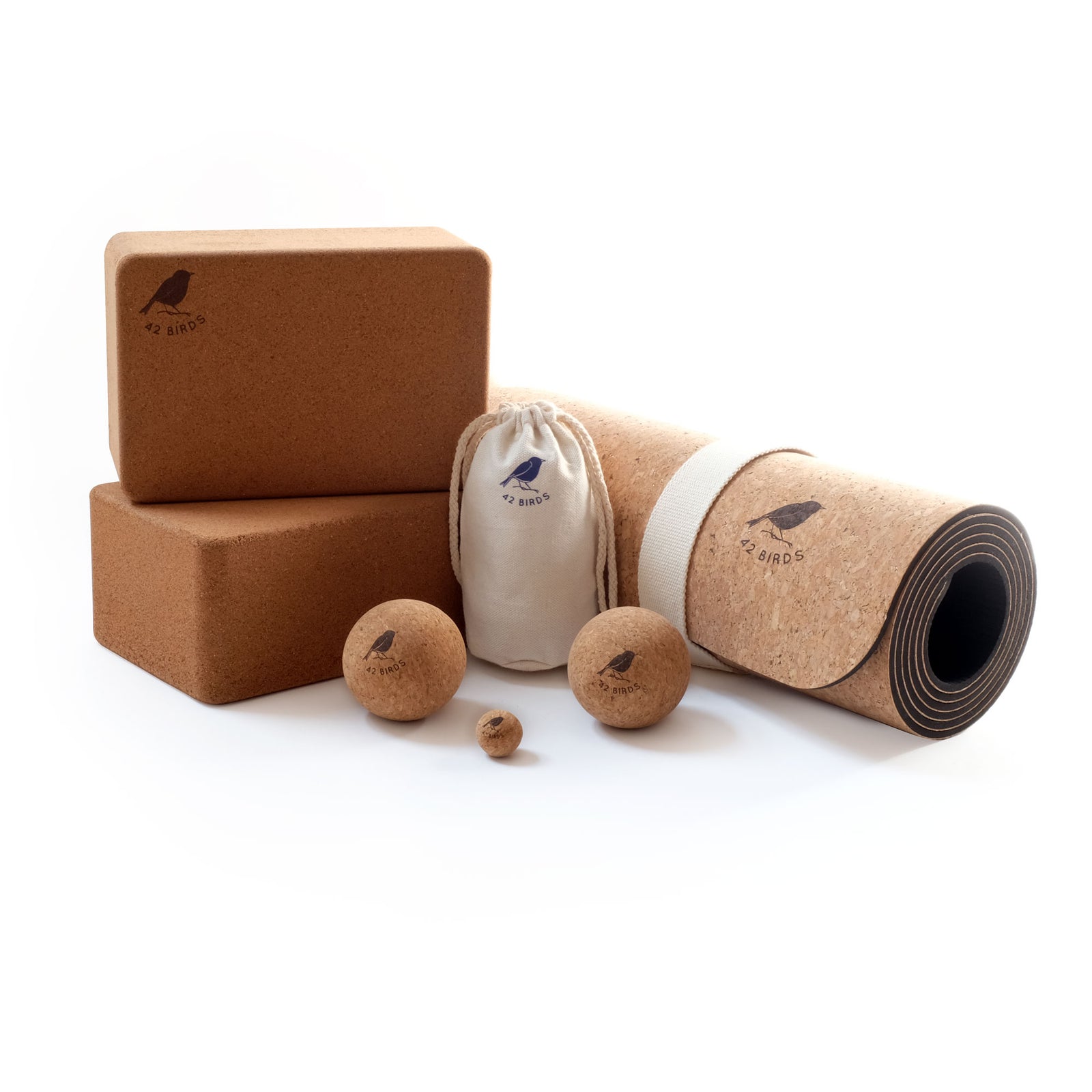 Cork Lightweight Yoga Mat, Massage Balls and Yoga Block Bundle - "The Flock" | 42 Birds